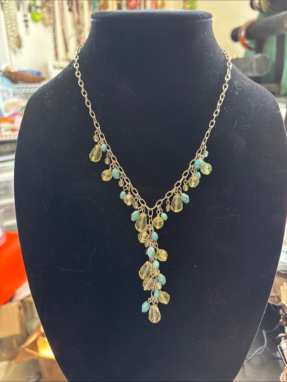 Gold-Tone Y-Style Necklace with Yellow and Aqua Drops - Women Jewelry